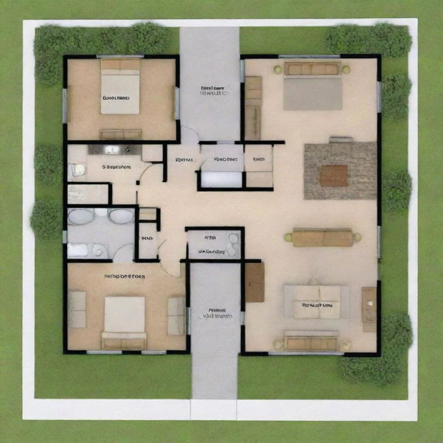 Generate a detailed house plan with 9 posts, measuring 10 meters in length and 6 meters in width.