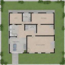 Generate a detailed house plan with 9 posts, measuring 10 meters in length and 6 meters in width.