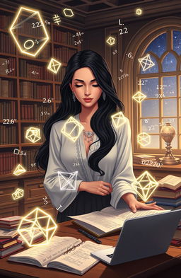 A beautifully illustrated scene of an elegant mathematician immersed in solving complex equations and geometric shapes