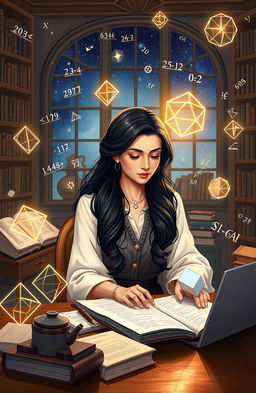 A beautifully illustrated scene of an elegant mathematician immersed in solving complex equations and geometric shapes