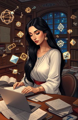 A beautifully illustrated scene of an elegant mathematician immersed in solving complex equations and geometric shapes