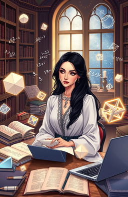 A beautifully illustrated scene of an elegant mathematician immersed in solving complex equations and geometric shapes