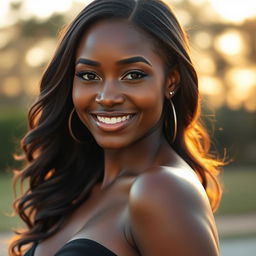 A stunning dark skin beauty with radiant, smooth skin and captivating features, showcasing her confidence and elegance