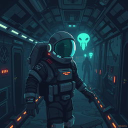 A pixel art depiction of a military astronaut exploring a creepy, abandoned spaceship in a horror game