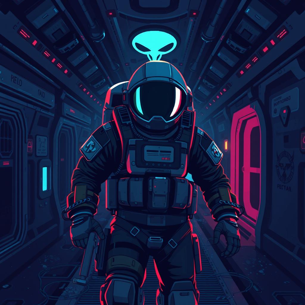 A pixel art depiction of a military astronaut exploring a creepy, abandoned spaceship in a horror game