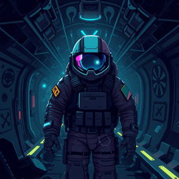 A pixel art depiction of a military astronaut exploring a creepy, abandoned spaceship in a horror game