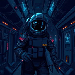 A pixel art depiction of a military astronaut exploring a creepy, abandoned spaceship in a horror game