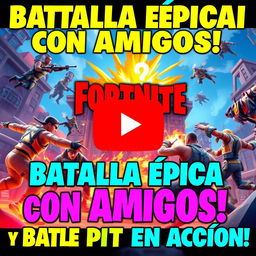 A vibrant and dynamic YouTube video thumbnail showcasing an epic battle scene with friends in Fortnite