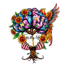 A colorful tattoo design featuring a brain-shaped tree with leaves that look like puzzle pieces, embellished with bright sunflower flowers