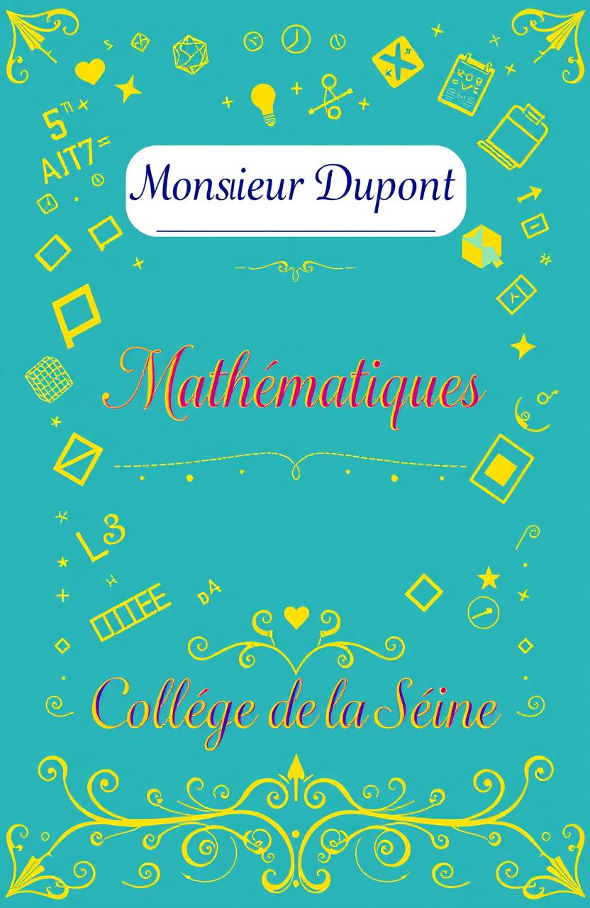 A beautifully designed cover page for a teacher's math notebook, featuring elegant and playful mathematical motifs such as numbers, geometric shapes, and equations