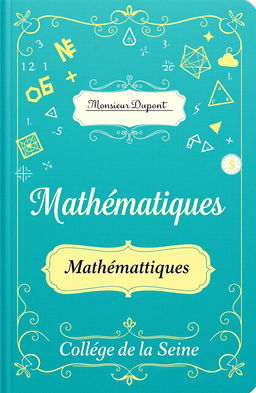 A beautifully designed cover page for a teacher's math notebook, featuring elegant and playful mathematical motifs such as numbers, geometric shapes, and equations