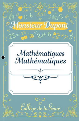 A beautifully designed cover page for a teacher's math notebook, featuring elegant and playful mathematical motifs such as numbers, geometric shapes, and equations