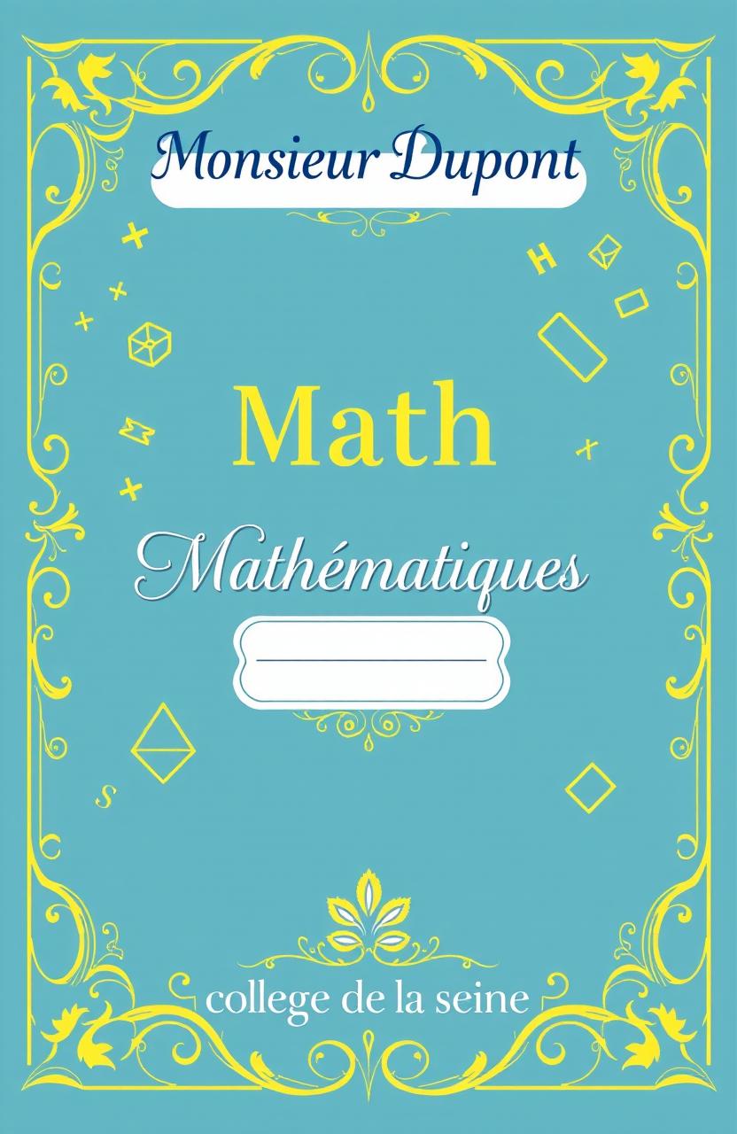 A beautifully designed cover page for a teacher's math notebook, featuring elegant and playful mathematical motifs such as numbers, geometric shapes, and equations