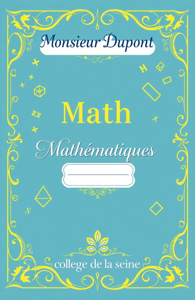 A beautifully designed cover page for a teacher's math notebook, featuring elegant and playful mathematical motifs such as numbers, geometric shapes, and equations