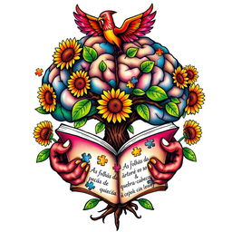 A colorful tattoo design featuring a brain-shaped tree with vibrant colors and sunflower flowers