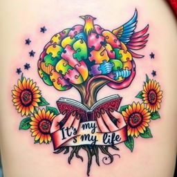 A vibrant and colorful tattoo design featuring a brain-shaped tree whose leaves are made of puzzle pieces