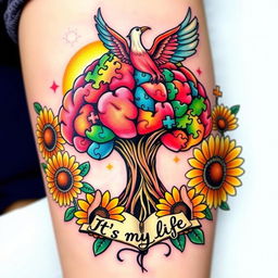 A vibrant and colorful tattoo design featuring a brain-shaped tree whose leaves are made of puzzle pieces