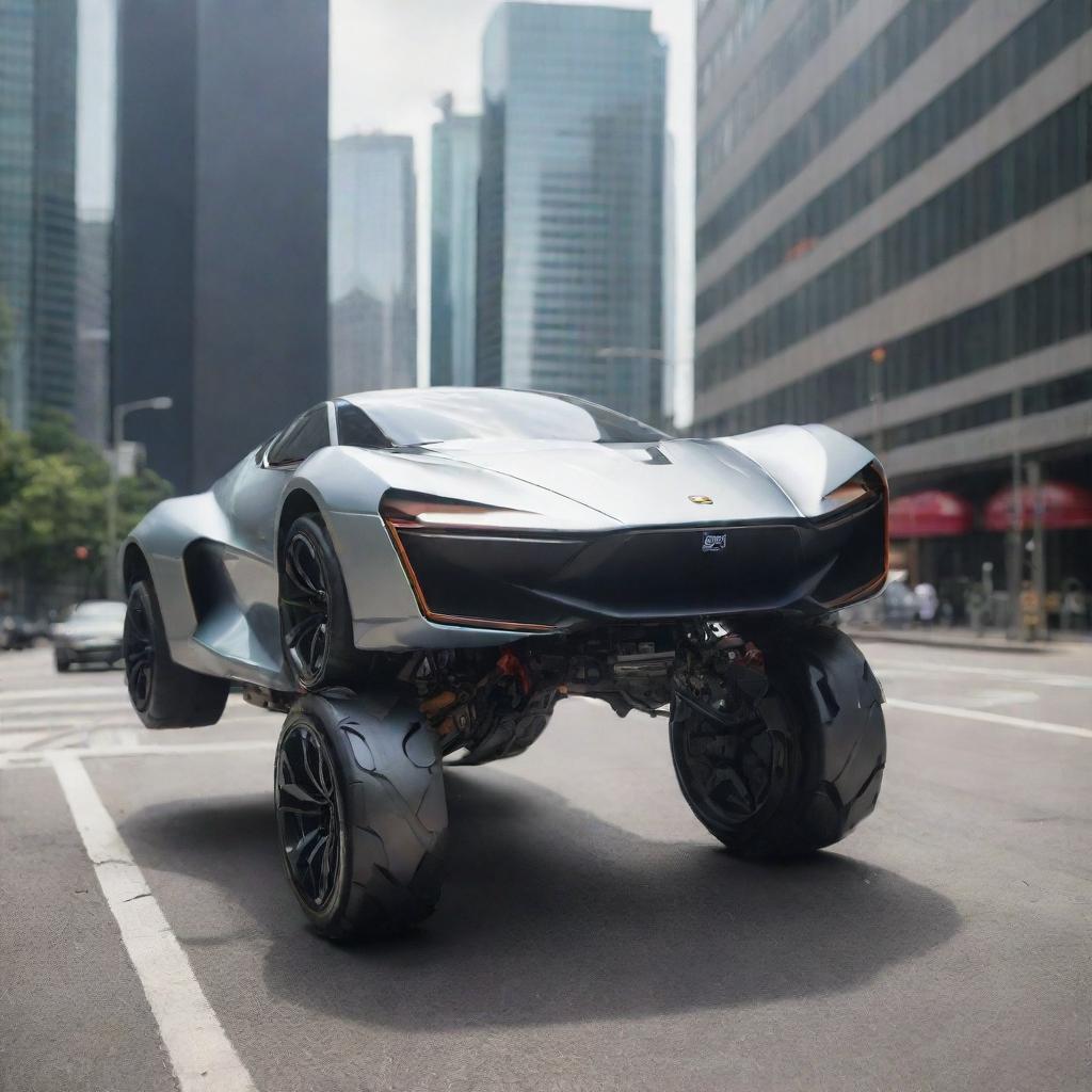 An inventive mecha hybrid, combining elements of a sleek, fast car with advanced robotics, featuring high-speed wheels, robust suspension, and aerodynamic bodywork, placed in a modern cityscape.