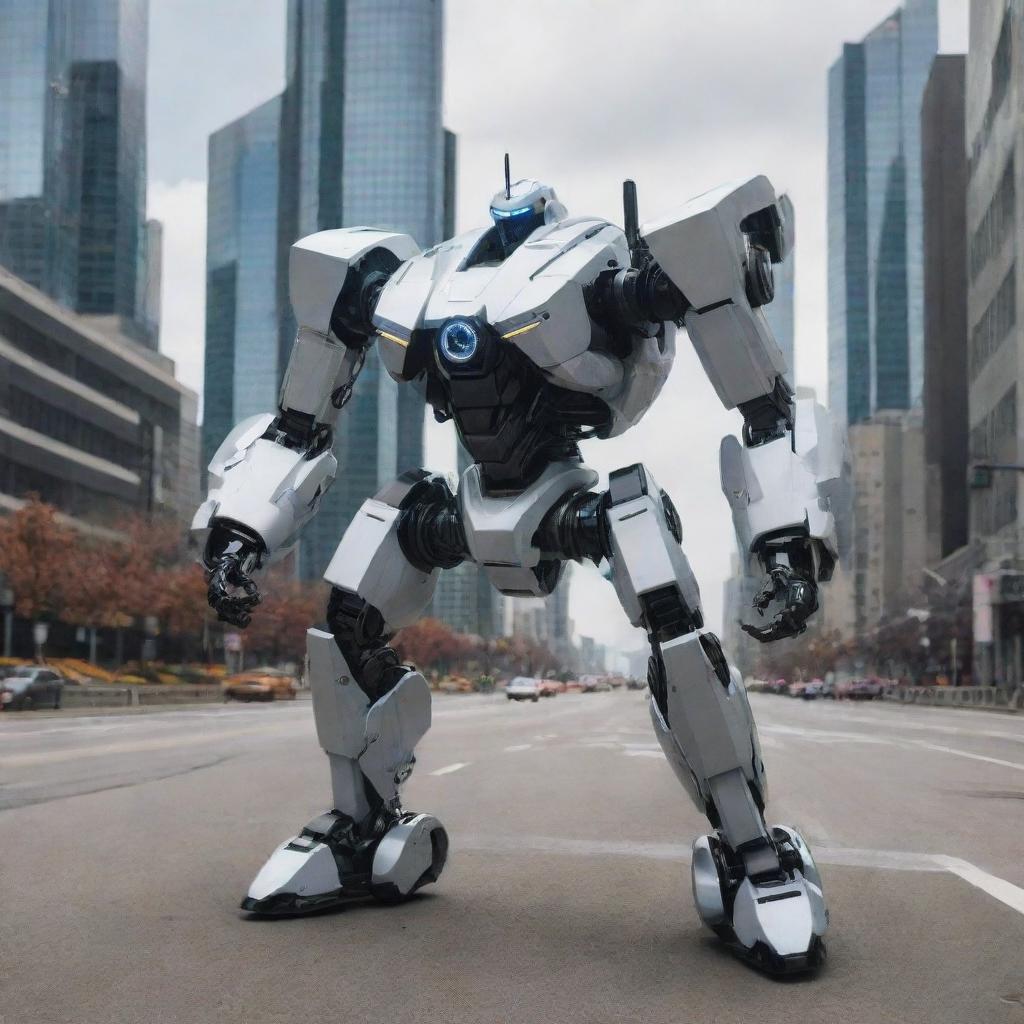 An inventive mecha hybrid, combining elements of a sleek, fast car with advanced robotics, featuring high-speed wheels, robust suspension, and aerodynamic bodywork, placed in a modern cityscape.