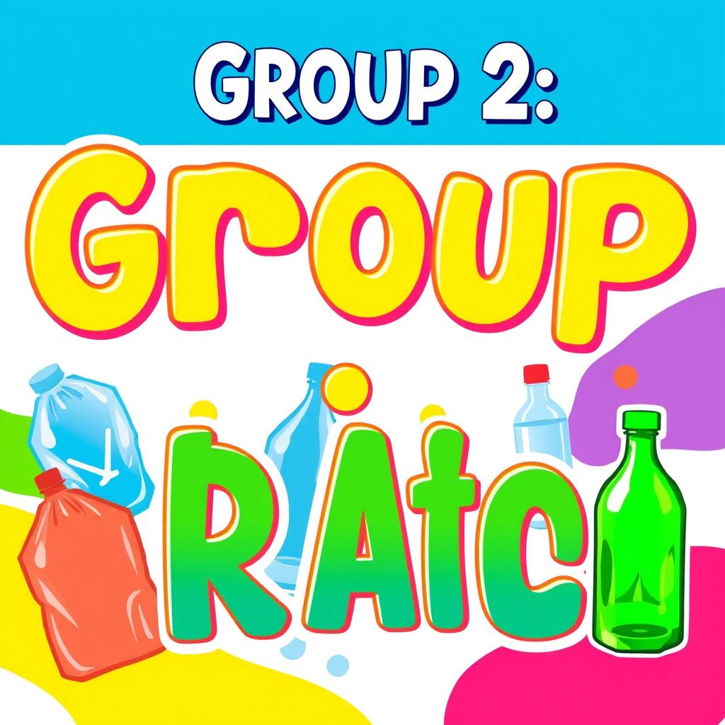 A colorful and vibrant sign that boldly displays the text 'Group 2' at the top, with images of plastic bags and plastic bottles surrounding it