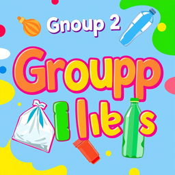 A colorful and vibrant sign that boldly displays the text 'Group 2' at the top, with images of plastic bags and plastic bottles surrounding it