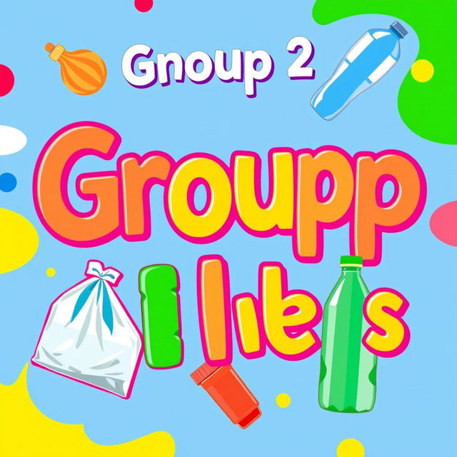 A colorful and vibrant sign that boldly displays the text 'Group 2' at the top, with images of plastic bags and plastic bottles surrounding it