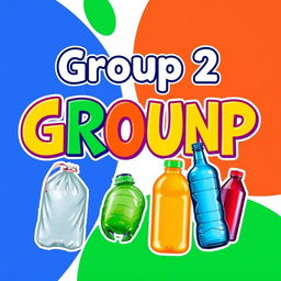 A colorful and vibrant sign that boldly displays the text 'Group 2' at the top, with images of plastic bags and plastic bottles surrounding it