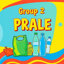 A colorful and engaging sign that prominently features the text 'Group 2' at the top, accompanied by illustrations of plastic bags and plastic bottles