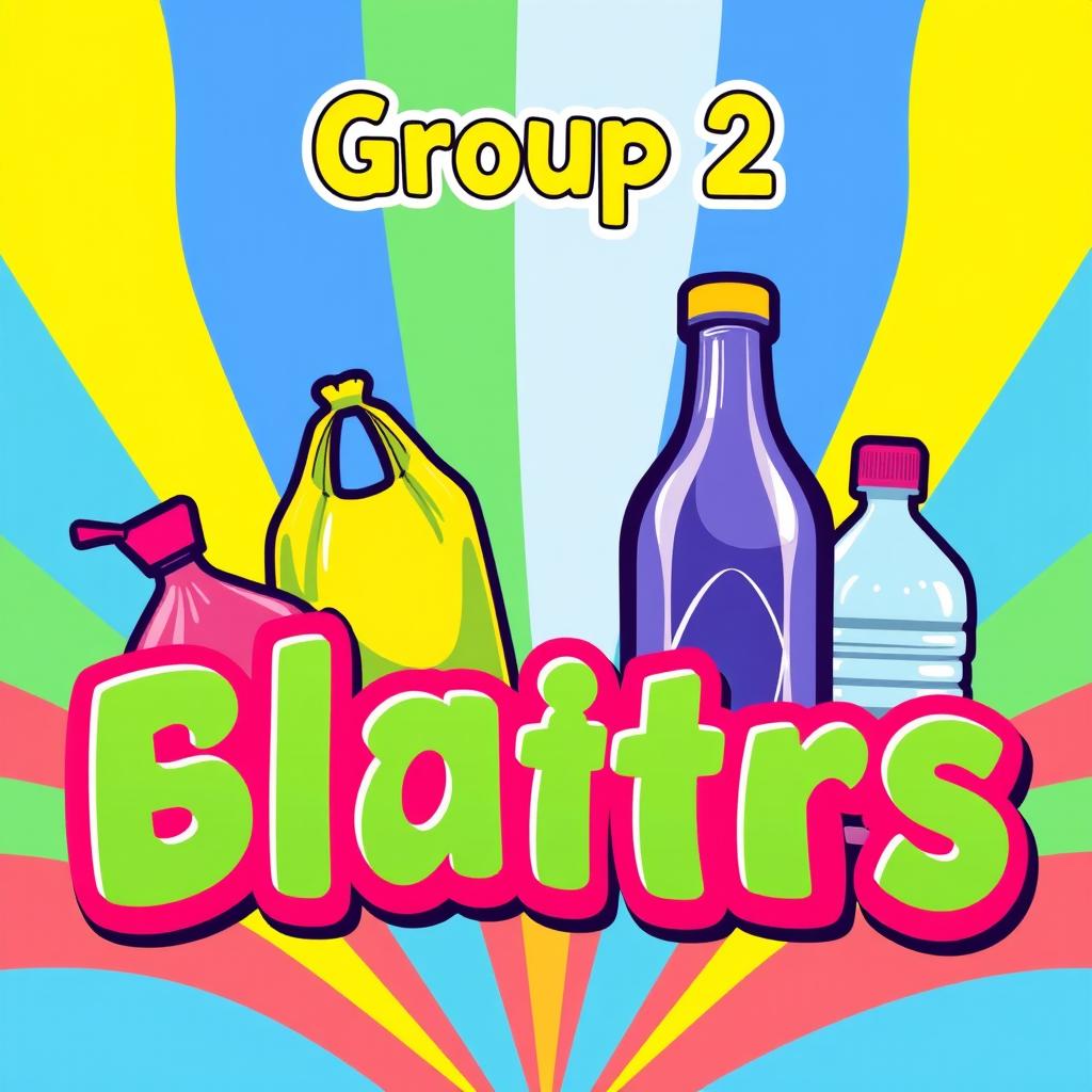 A colorful and engaging sign that prominently features the text 'Group 2' at the top, accompanied by illustrations of plastic bags and plastic bottles