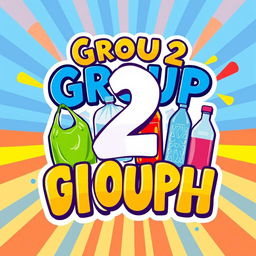 A colorful and engaging sign that prominently features the text 'Group 2' at the top, accompanied by illustrations of plastic bags and plastic bottles