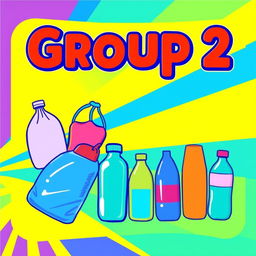 A colorful and engaging sign that prominently features the text 'Group 2' at the top, accompanied by illustrations of plastic bags and plastic bottles