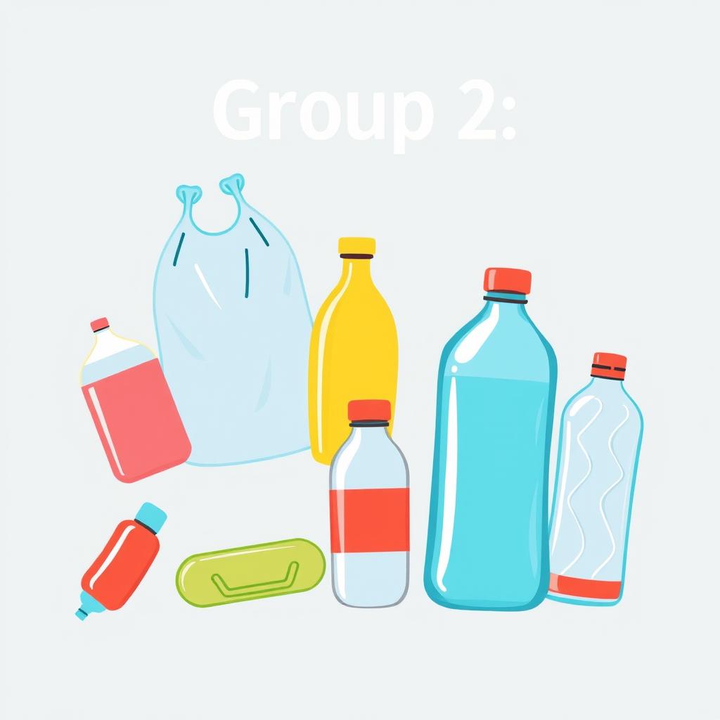 A colorful and engaging sign that prominently features the text 'Group 2' at the top, accompanied by illustrations of plastic bags and plastic bottles