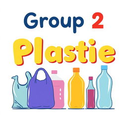 A colorful and engaging sign that prominently features the text 'Group 2' at the top, accompanied by illustrations of plastic bags and plastic bottles