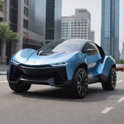 An inventive mecha hybrid, combining elements of a sleek, fast car with advanced robotics, featuring high-speed wheels, robust suspension, and aerodynamic bodywork, placed in a modern cityscape.