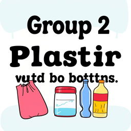 A colorful and engaging sign that prominently features the text 'Group 2' at the top, accompanied by illustrations of plastic bags and plastic bottles