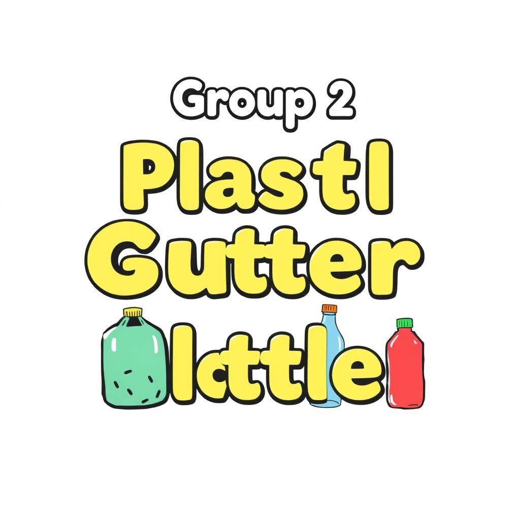 A colorful and engaging sign that prominently features the text 'Group 2' at the top, accompanied by illustrations of plastic bags and plastic bottles