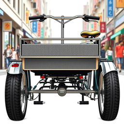 A highly detailed illustration of a rear cargo tricycle, showcasing its unique design features