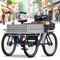 A highly detailed illustration of a rear cargo tricycle, showcasing its unique design features