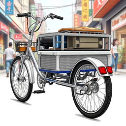 A highly detailed illustration of a rear cargo tricycle, showcasing its unique design features