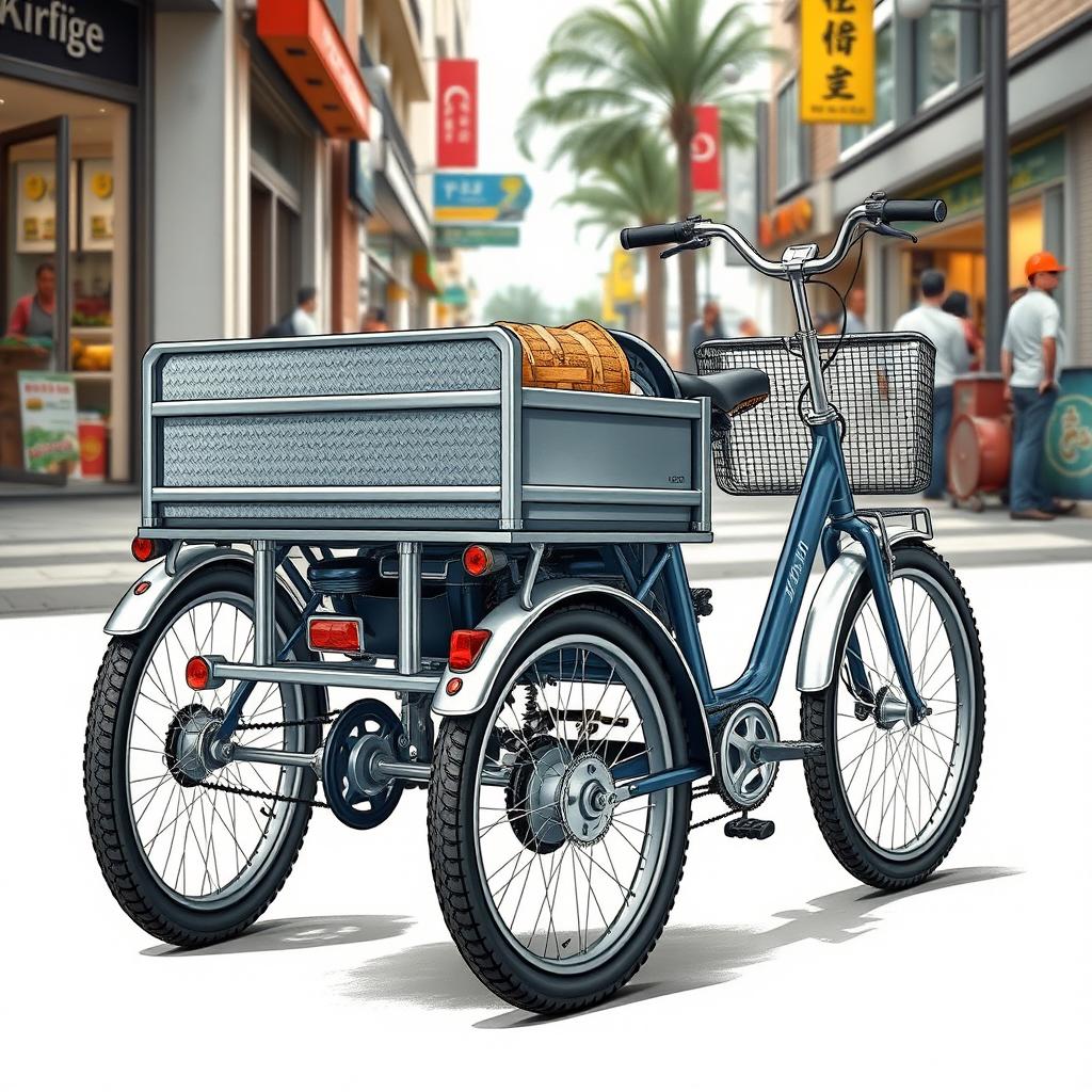 A highly detailed illustration of a rear cargo tricycle, showcasing its unique design features