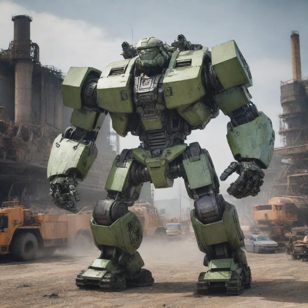 A hulking mecha fused with elements of a rugged truck, including large tires, powerful engine block, and heavy-duty suspension, set against the backdrop of a busy industrial site.