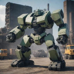 A hulking mecha fused with elements of a rugged truck, including large tires, powerful engine block, and heavy-duty suspension, set against the backdrop of a busy industrial site.