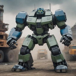 A hulking mecha fused with elements of a rugged truck, including large tires, powerful engine block, and heavy-duty suspension, set against the backdrop of a busy industrial site.