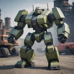 A hulking mecha fused with elements of a rugged truck, including large tires, powerful engine block, and heavy-duty suspension, set against the backdrop of a busy industrial site.