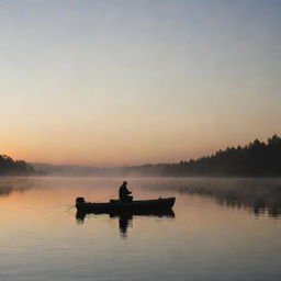 A man patiently fishing on a serene lake at sunrise. He is composed in thoughtful solitude; a figure silhouetted against the quiet morning light breaking over calm waters.