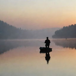 A man patiently fishing on a serene lake at sunrise. He is composed in thoughtful solitude; a figure silhouetted against the quiet morning light breaking over calm waters.