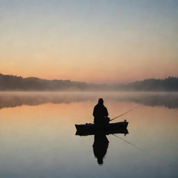 A man patiently fishing on a serene lake at sunrise. He is composed in thoughtful solitude; a figure silhouetted against the quiet morning light breaking over calm waters.