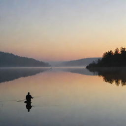 A man patiently fishing on a serene lake at sunrise. He is composed in thoughtful solitude; a figure silhouetted against the quiet morning light breaking over calm waters.
