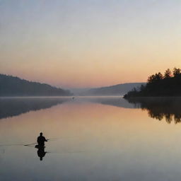 A man patiently fishing on a serene lake at sunrise. He is composed in thoughtful solitude; a figure silhouetted against the quiet morning light breaking over calm waters.