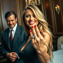 A compelling scene depicting a woman smiling confidently as she shows off her engagement ring, symbolizing her engagement to her ex-boss's son as a form of revenge